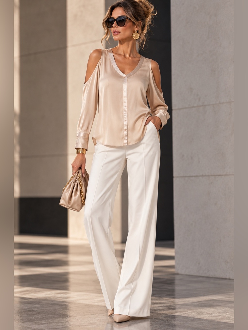 NWT Elizabeth and James Sz S 100% Silk Cold Shoulder Blouse Top Champagne Cream